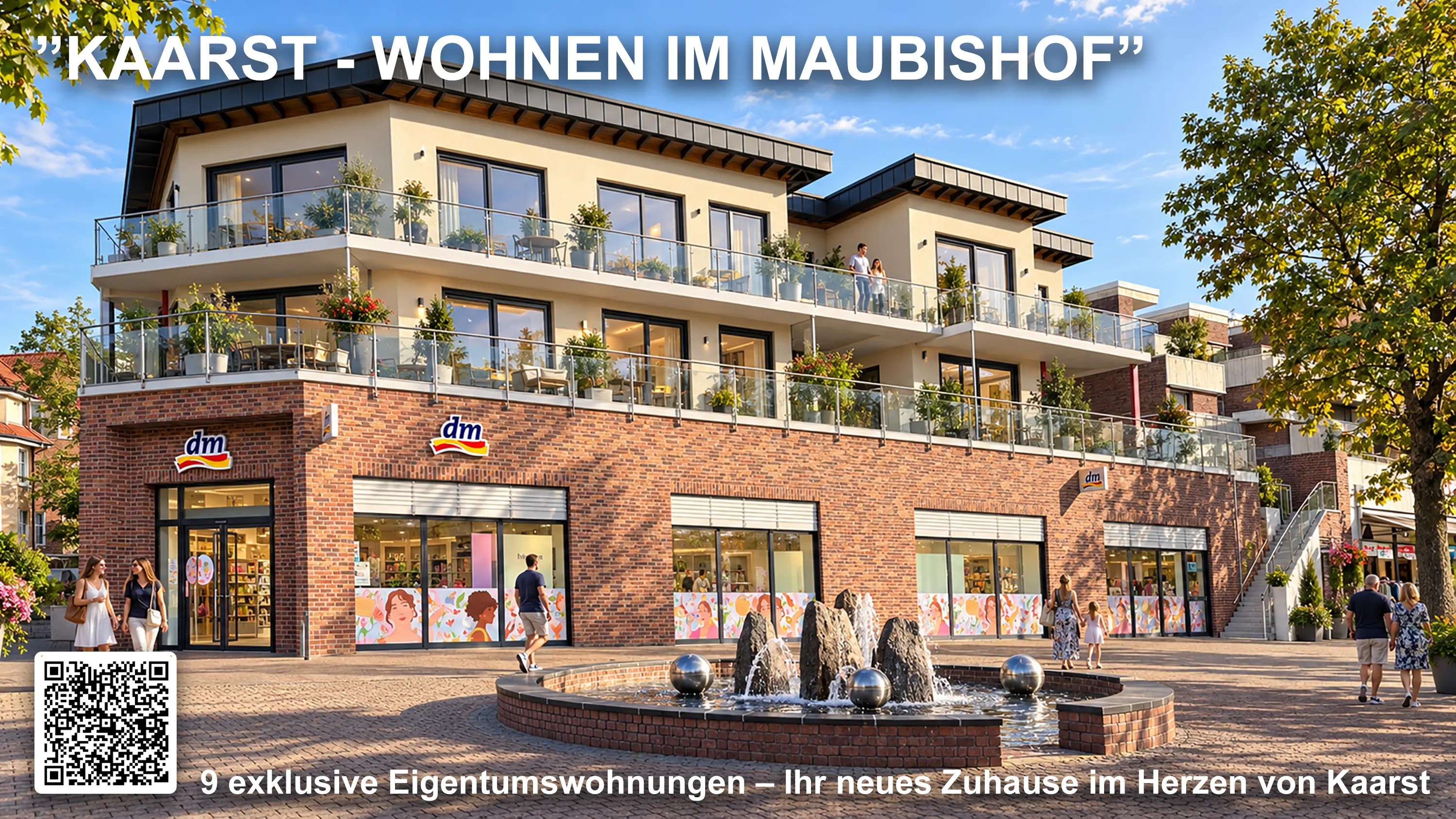 Architekturvisualisierung der Eigentumswohnungen am Maubishof in Kaarst mit Glasbalkonen und Brunnen auf dem Vorplatz